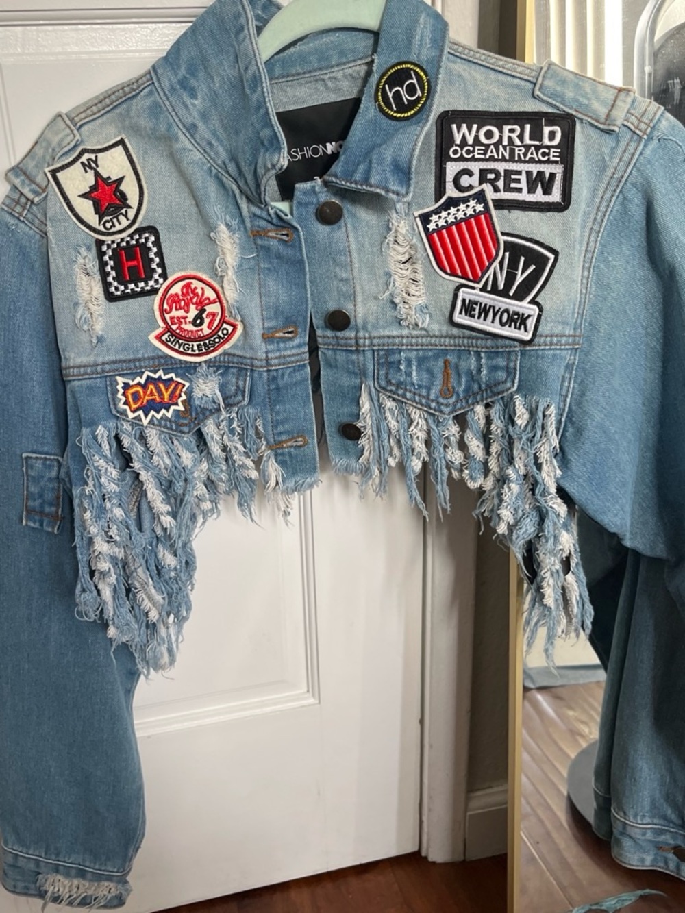 Fashion Nova Light Blue Distressed Cropped Denim Jacket with Patchwork
